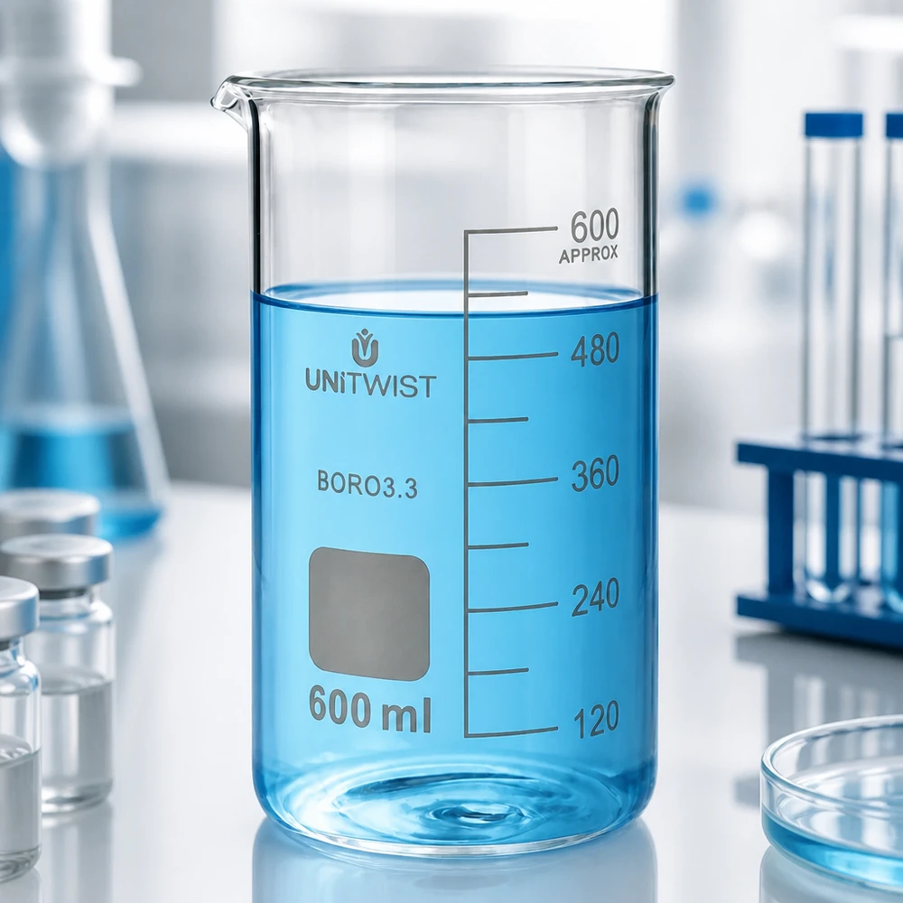 UNITWIST Mätbägare 600 ml, hög modell, borosilikatglas med exakt ml-skala, fylld till 480 ml