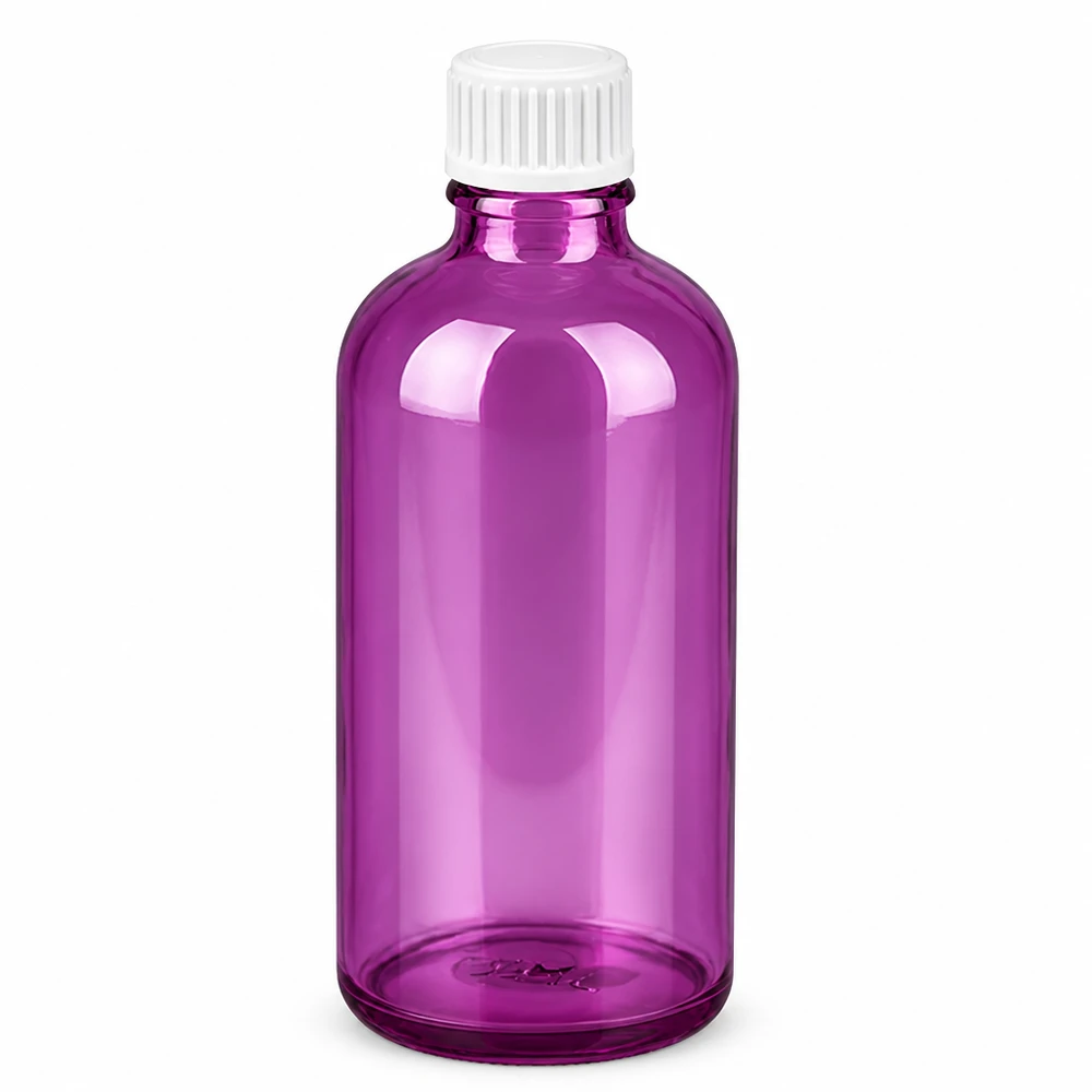 100ml glasflaska i lila med vitt skruvlock UT18 för kosmetika och läkemedel