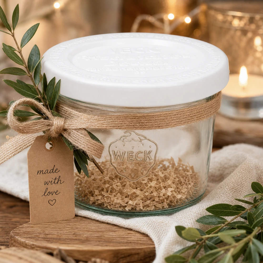 WECK 80 ml tumlare RR60 dekorativt arrangerade med presentlapp i jutesnöre och olivkvistar på rustikt trä
