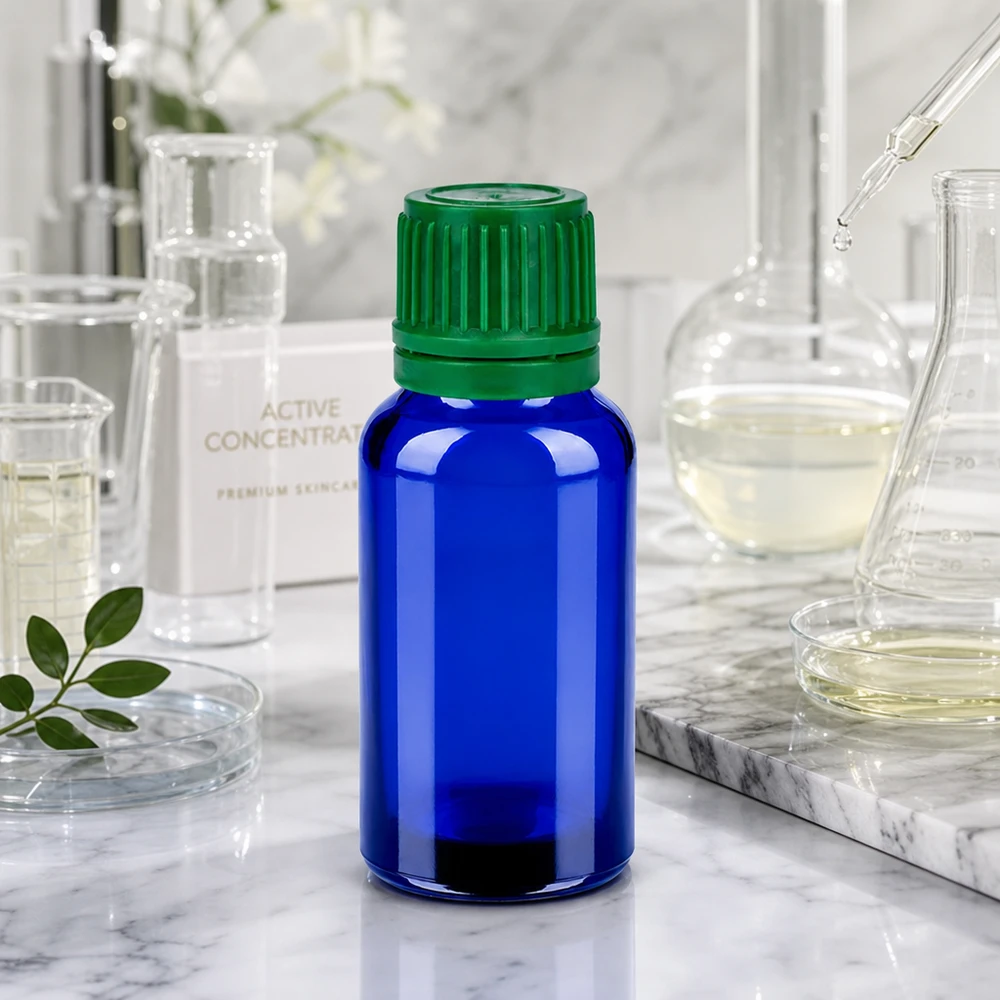Kompakt 20 ml flaska med grönt säkerhetslock för laboratorie- och kosmetikaindustrin