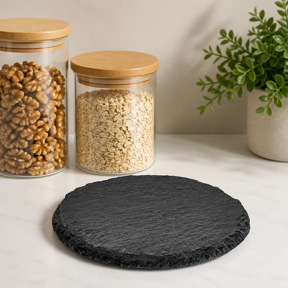 Rund skiffertallrik 15 cm i diameter på en vit köksbänk bredvid förvaringsburkar med nötter och havregryn