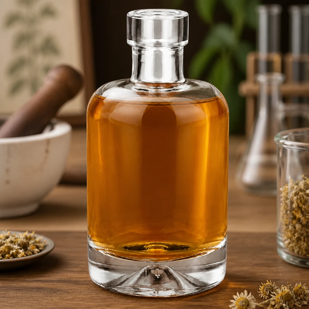 50 ml glasflaska 50ml Glasflasche "Amelie" ohne Verschluss UNiTWIST utan lock UNiTWIST® 50 ml Amelie glasflaska fylld med bärnstensfärgat örtelixir på ett träbord dekorerat med kamomill och kryddor