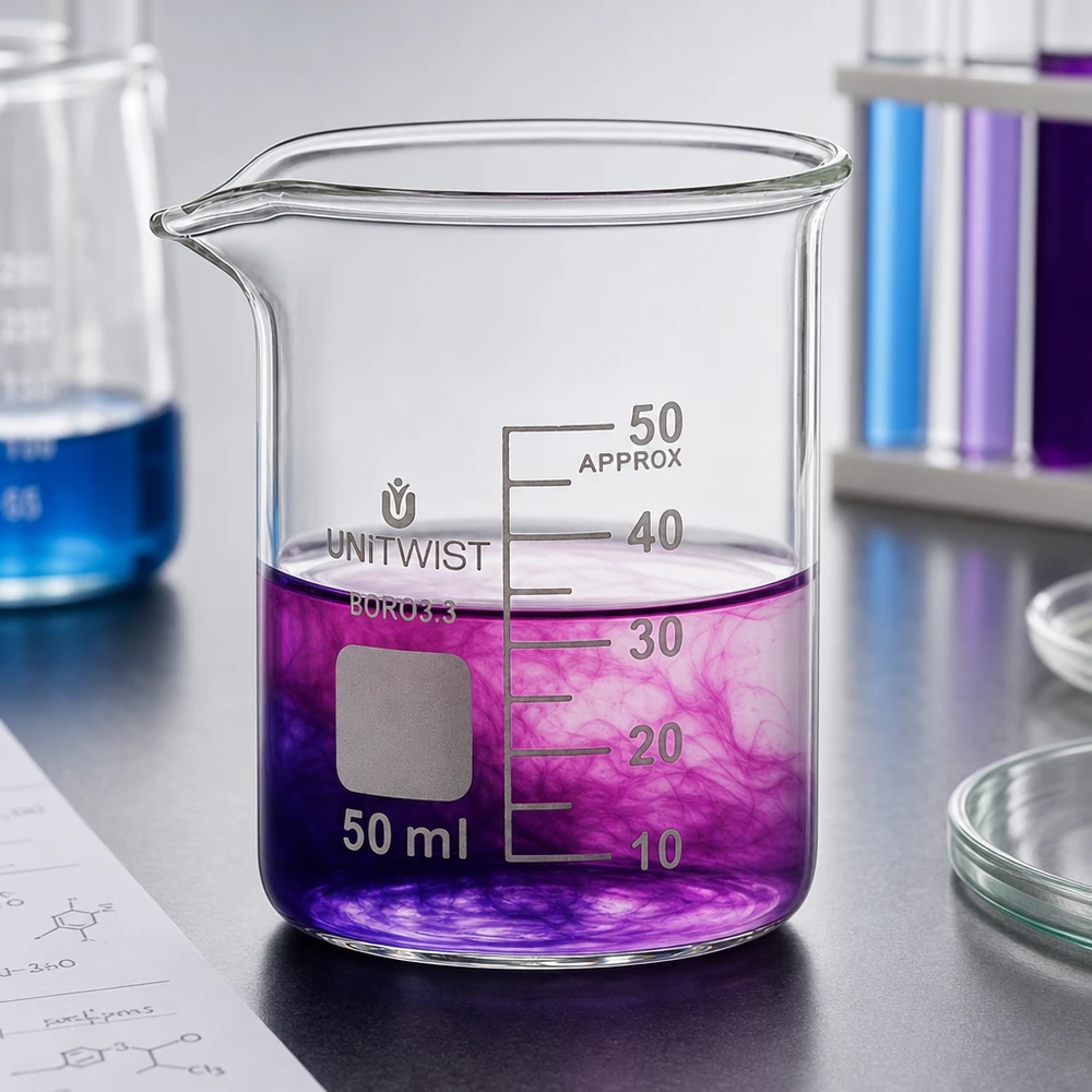 Bägare 50ml borosilikat, lågformad UNiTWIST UNiTWIST-bägare, 50 ml, låg form, med violett vätska och färgövergång i laboratoriet