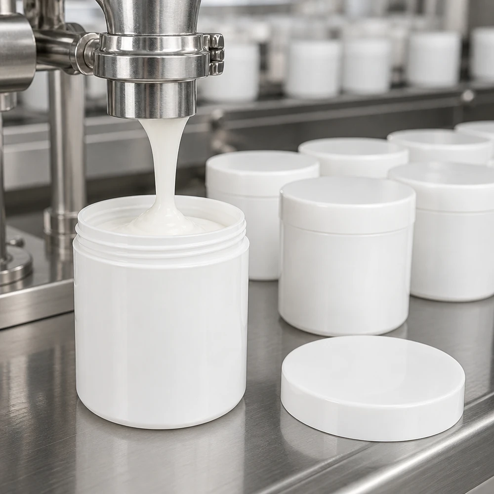 Automatisk fyllning av vita PP-salvburkar à 100 g på en produktionslinje i rostfritt stål