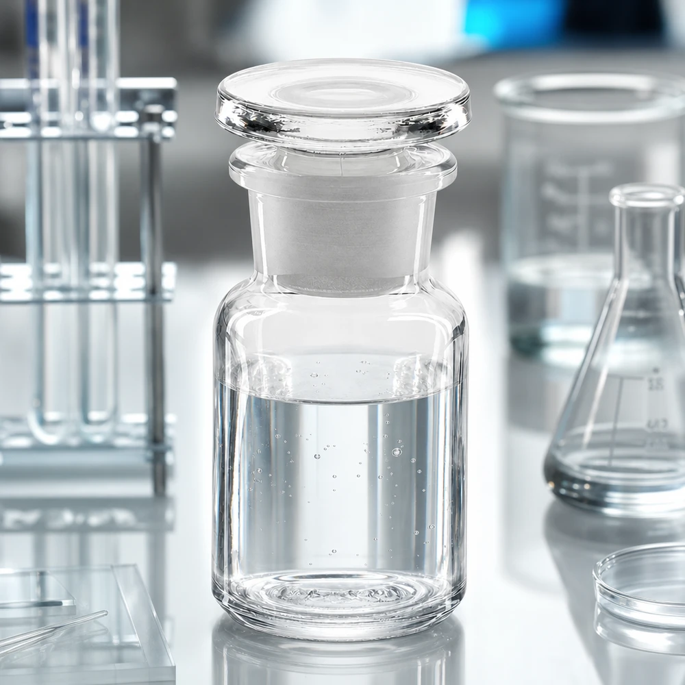 Rund axelflaska 50ml klar glaspropp med bred hals Laboratorieflaska med vid hals, 50 ml, av klart glas med glaspropp på en vit laboratoriebänkskiva