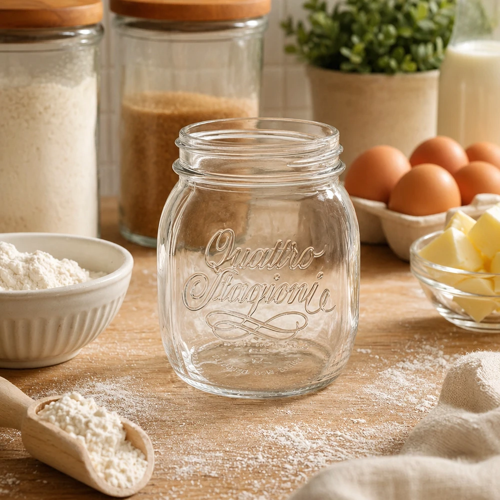 700 ml Quattro Stagioni hushållsglas tomt på träbord omgivet av bakingredienser mjöl ägg och smör i kök