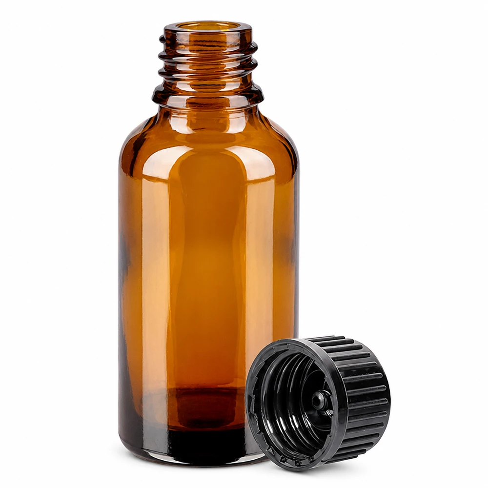 30ml flaska 11mm skruvkork svart standard BrownLine UT18/30 Bärnstensfärgad glasflaska 30 ml med gänga och avtagbart lock för aromaterapi