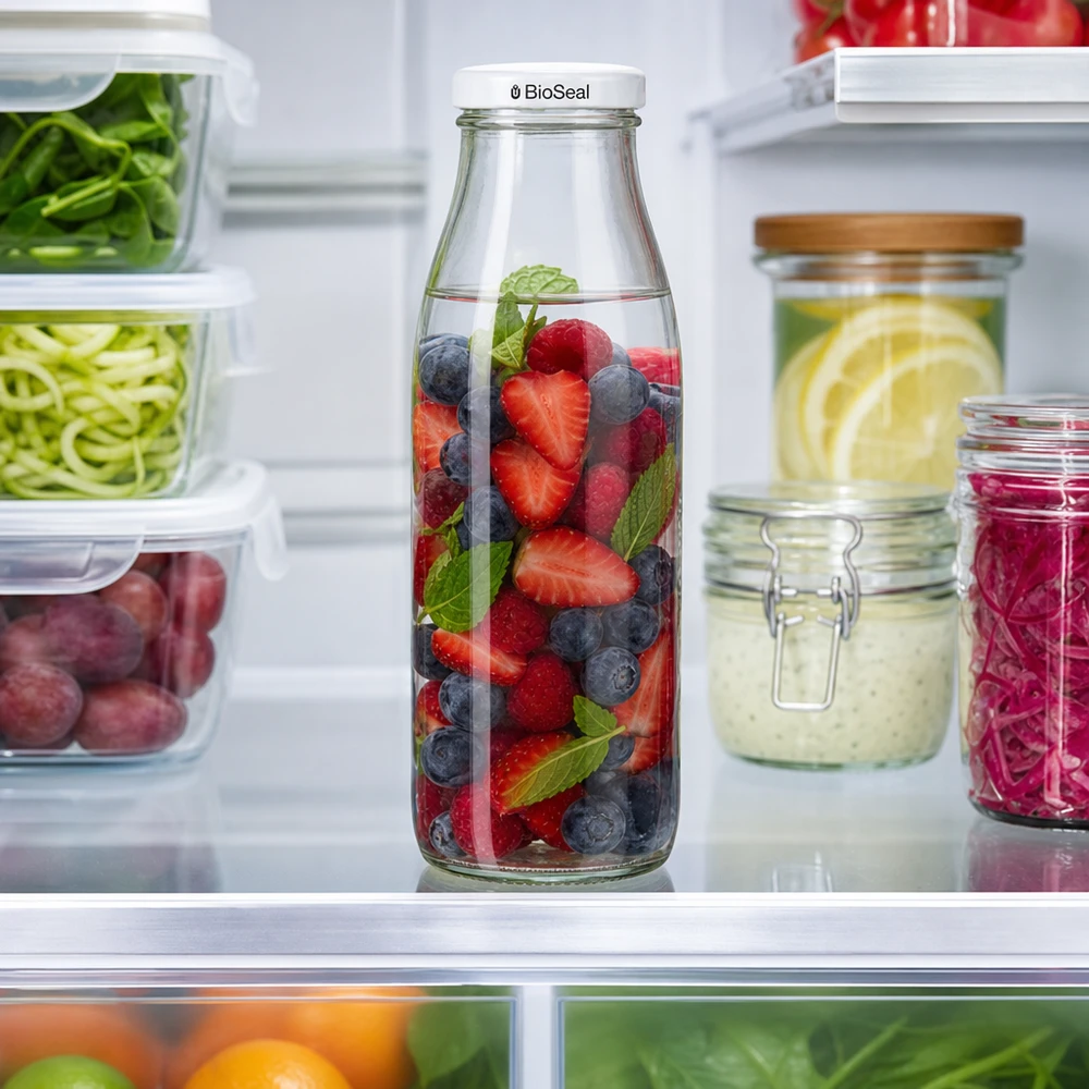 500 ml glasflaska + BioSeal-lock vit UNiTWIST 500 ml glasflaska med BioSeal-lock i kylen, fylld med bär och mynta, bredvid behållare för måltidsförberedelser
