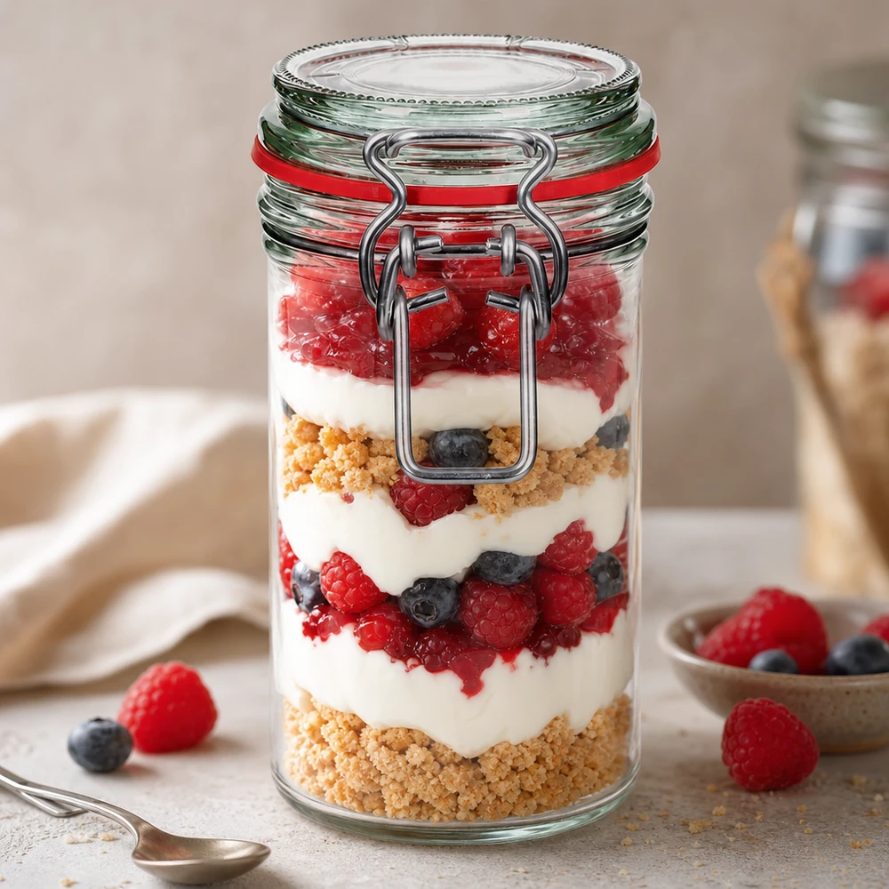 272 ml förvaringsburk med svängbart lock fylld med en dessert bestående av bär, yoghurt och kexsmulor