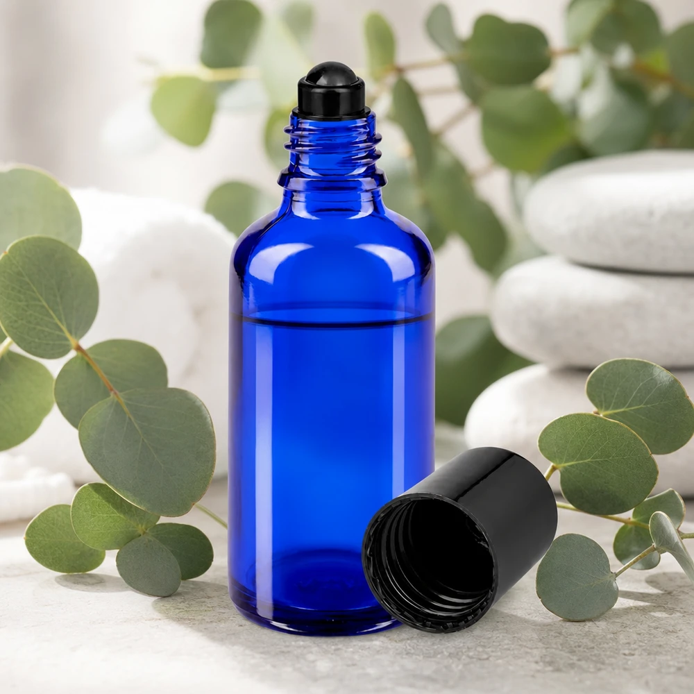 Apoteksflaska blå 50ml roll-on lock svart Ljusogen koboltblå 50 ml roll-on-flaska av UV-skyddande glas med svart kulapplikator