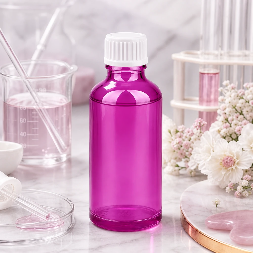 50ml (globule) flaska 3mm hällring vit Standard PurpleLine. UT18/50 50 ml rund glasflaska med DIN18-gänga i glänsande violett för professionella laboratorieapplikationer
