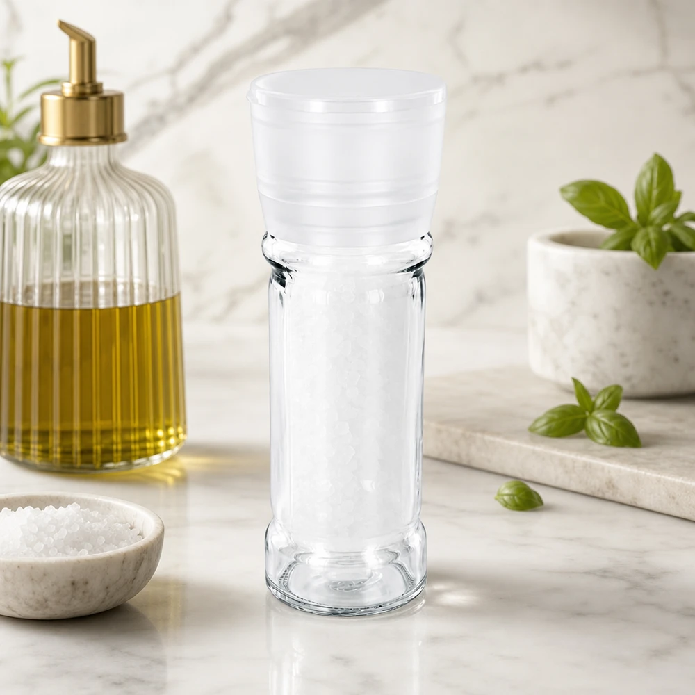 Salt- och kryddburk 100 ml med kvarn, Vario, vit Saltkvarn på 100 ml i klart glas med vitt plastlock på en vit marmorarbetsbänk