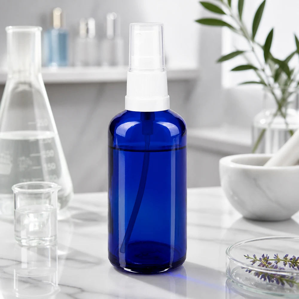 Apoteksflaska blå 50ml spray topp vit Blå 50 ml sprayflaska med rund axel, tillverkad av apotekerglas, med vit spruthuvud