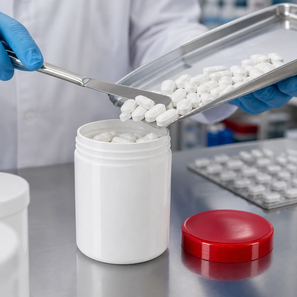 Salvburk 800g vit med rött skruvlock (polypropylen) Stor vit plastburk på 800 g med rött skruvlock för professionell tablettfyllning