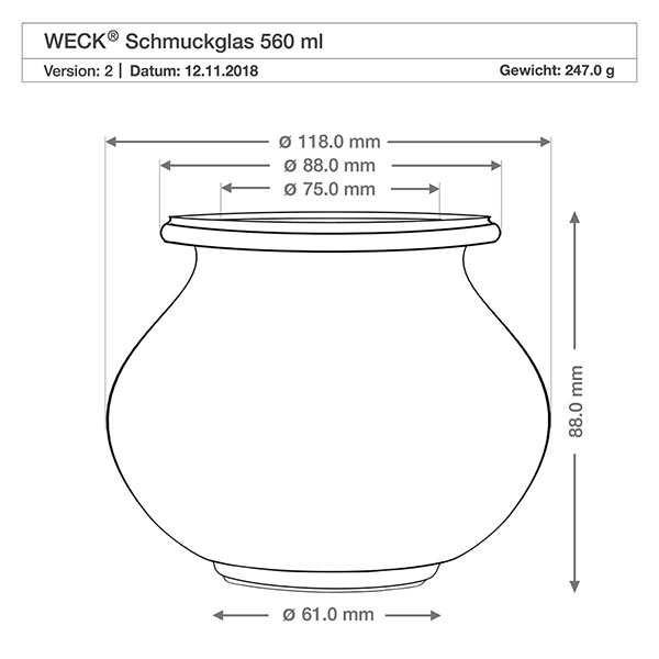 560ml smyckesburk WECK RR80 med träkula bok WECK smyckesburk 560ml RR80 teknisk ritning mått diameter höjd 118mm 88mm produktspecifikation vikt 247g