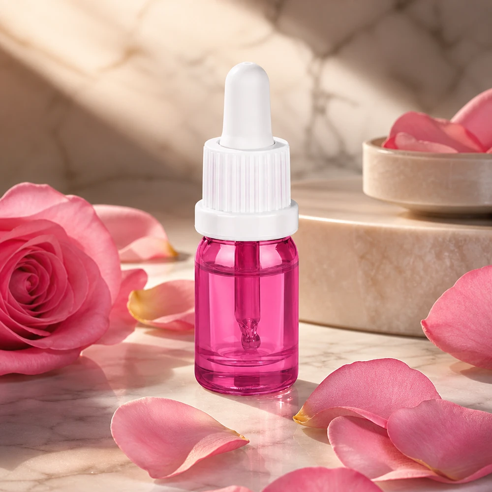 Liten 5 ml pipettflaska i lila med vitt lock för eteriska oljor och serum