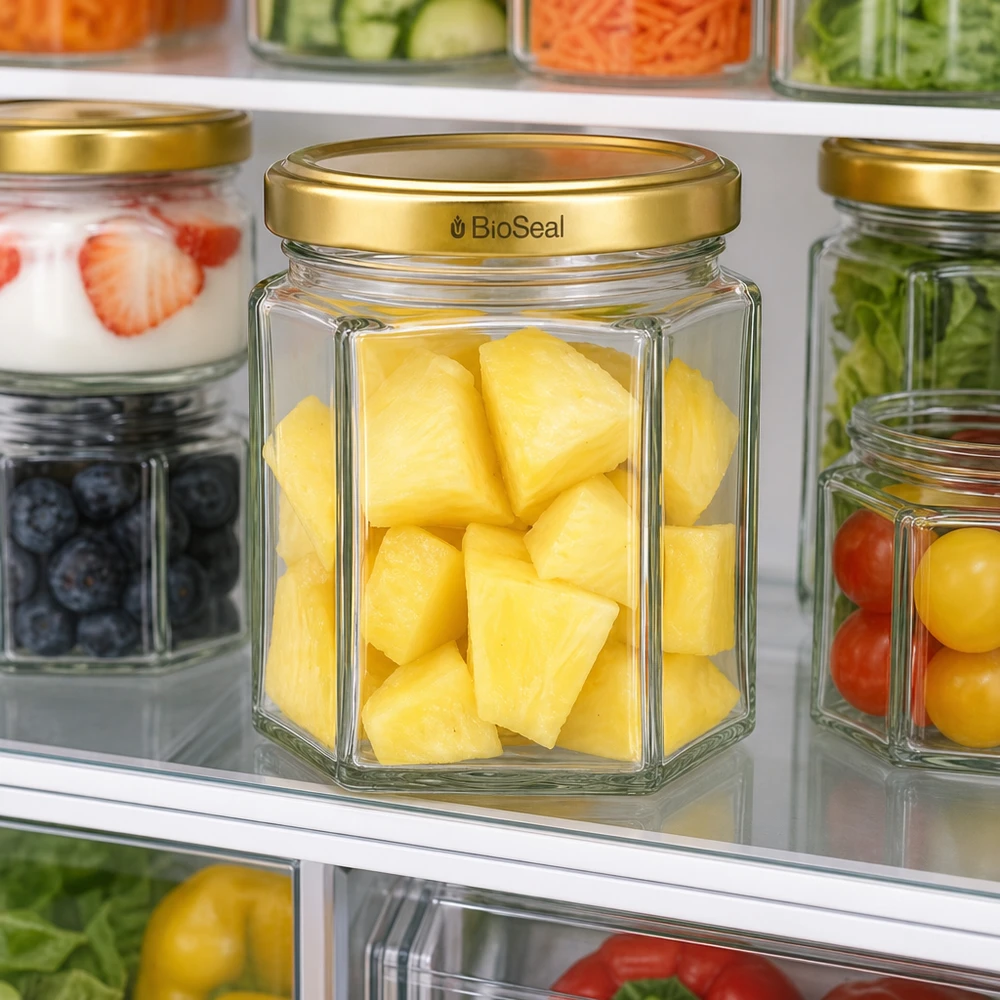 47 ml hexaburk med UNiTWIST BioSeal-lock i guld UNiTWIST Hexa47 Glasgefäß mit Ananas-Stücken im Kühlschrank - perfekt für frische Lebensmittel-Aufbewahrung
