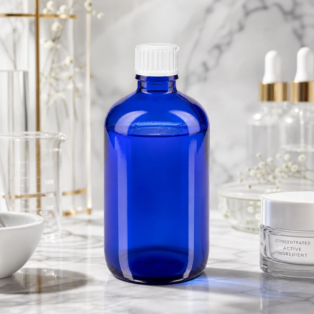 Apoteksflaska blå 100ml skruvkork vit standard Blå glasflaska på 100 ml med vit standardkork på en marmoryta i laboratoriet