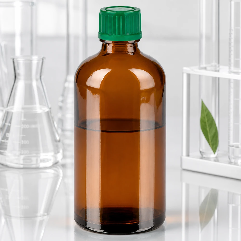 Kompakt 100 ml glasflaska i brunt med grönt lock för exakt dosering och portionering