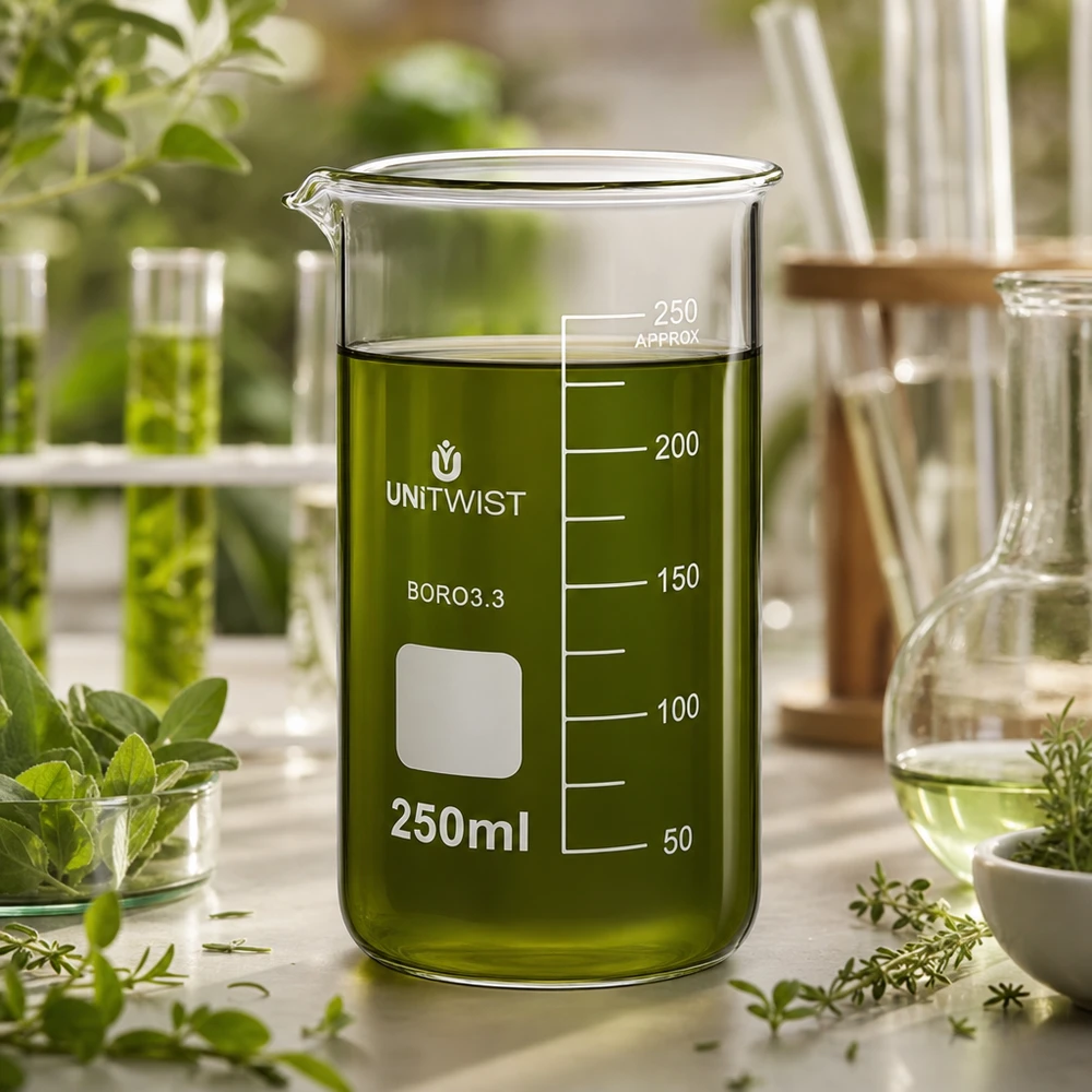 UNITWIST bägare i glas, 250 ml, hög form, med en grön örtsextraktlösning omgiven av färska örter