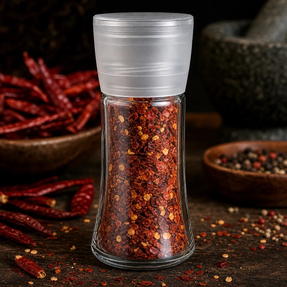 Salt- och kryddburk 95 ml med kvarn, Vario, vit Kryddburk 95 ml Vario med vit kvarn, fylld med chiliflingor framför en mortel och chilipeppar