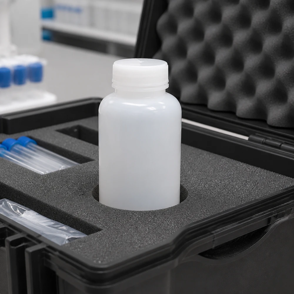 250ml laboratorieflaska med bred hals utan lock 250 ml laboratorieflaska med vid hals, säkert förvarad i en skumplastinsats i en transportväska