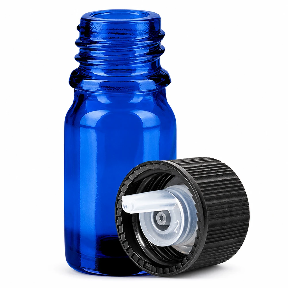 5 ml droppflaska 1 mm svart standardlock BlueLine UT18/5 5 ml glasflaska med 1 mm droppspets och svart lock för exakt dosering