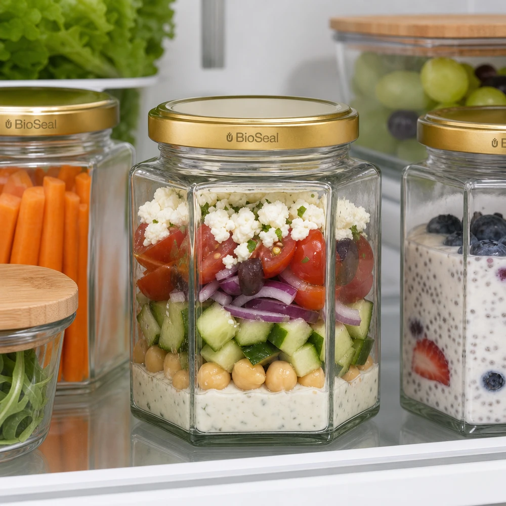 390 ml Hexa-burk med BioSeal-lock i guld UNiTWIST UNiTWIST Hexa390 Meal Prep-burk med BioSeal-lock för sallad i lager i kylskåpet för förvaring