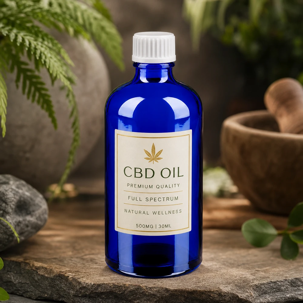 100 ml droppflaska 0,9 mm vit med standardförslutning BlueLine UT18/100 Kompakt 100 ml glasflaska blå med vitt dropplock för CBD-oljor BlueLine UT18/100