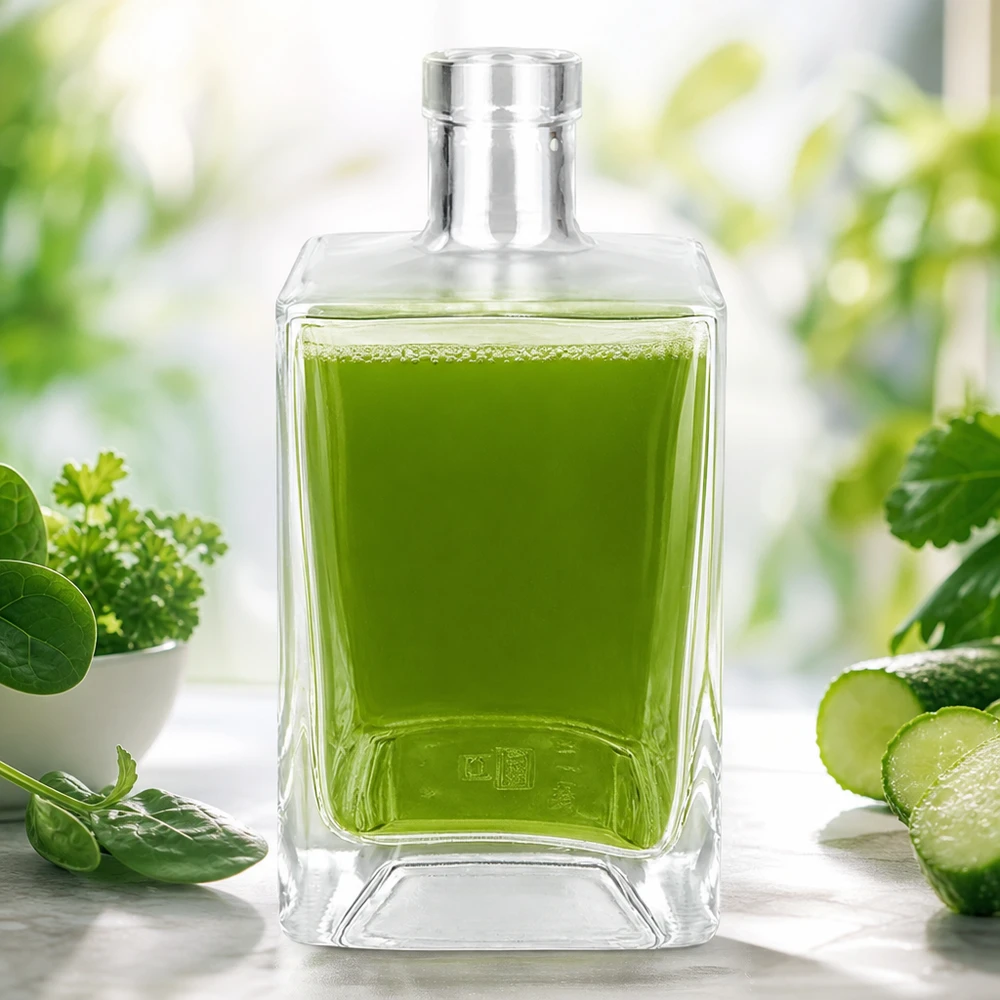 Glasflaska Ben 700ml fylld med grön juice omgiven av färska örter gurka och spenat som en detox-smoothie