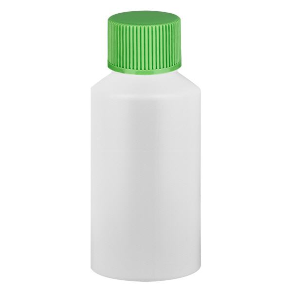 Apoteksflaska HDPE 50ml vit, med grönt skruvlock Apoteksflaska HDPE 50ml vit, med grönt skruvlock