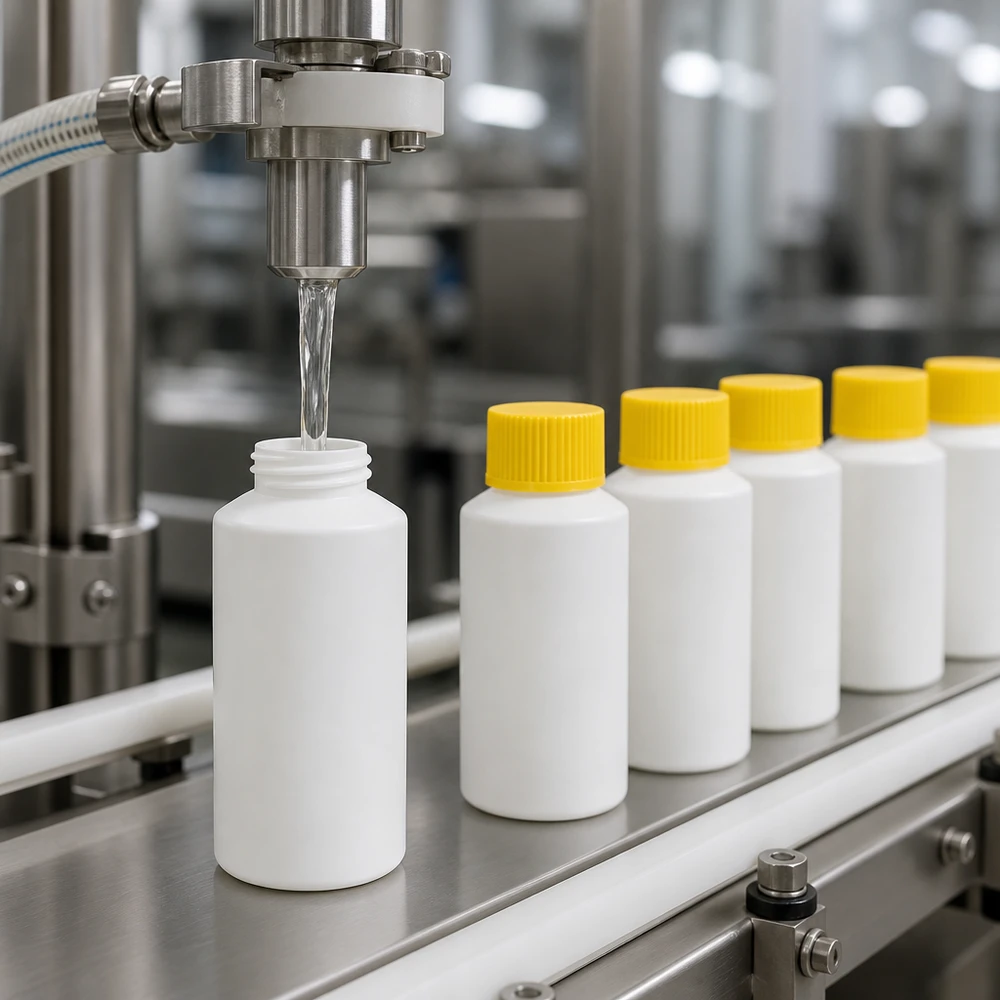 Apoteksflaska HDPE 30ml vit, med gult skruvlock Automatisk påfyllning av vita 30 ml HDPE-apotekflaskor med gul säkerhetsförslutning