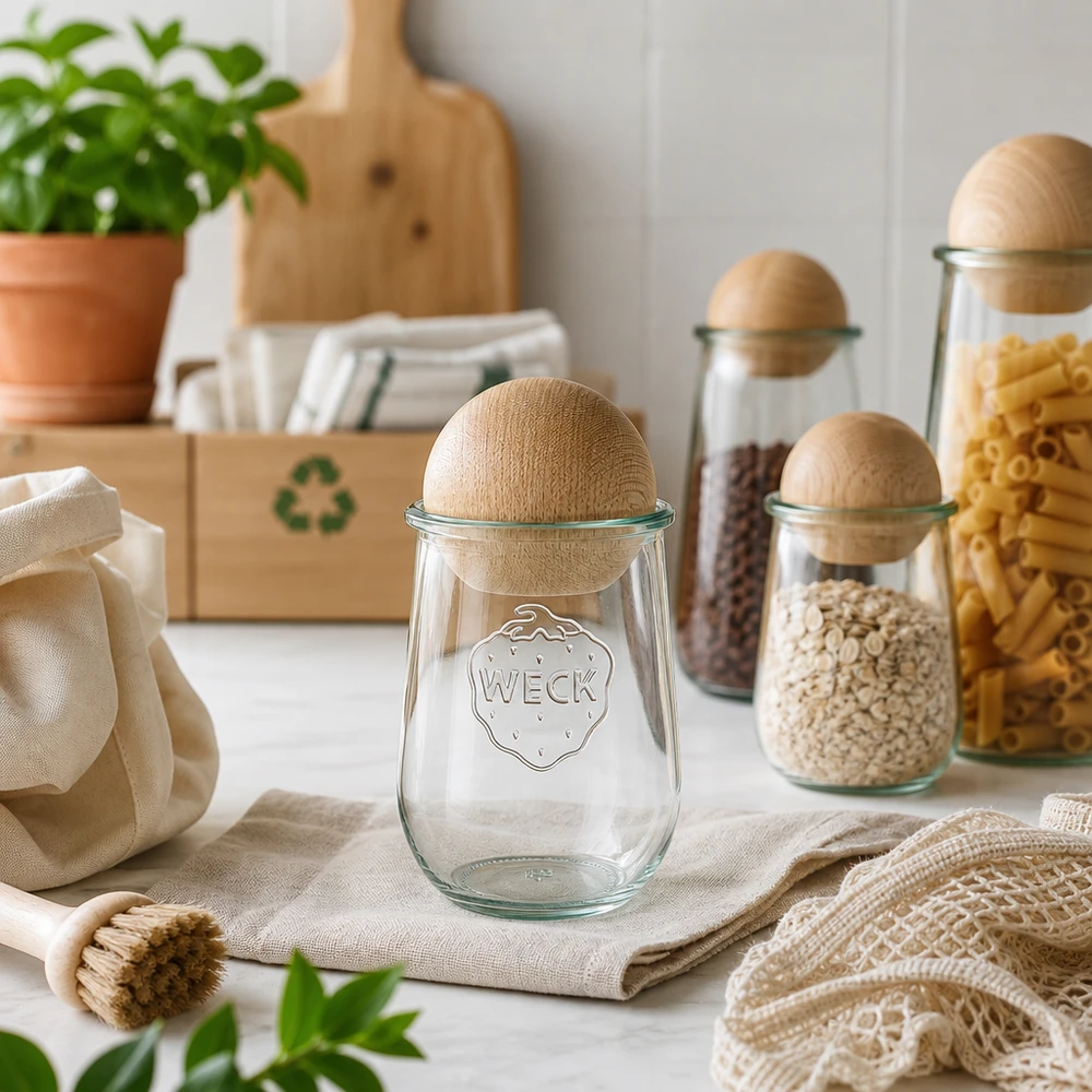 1062ml WECK RR100 tulpanburk med kula i bokträ WECK tulpanburk 1062ml RR100 med bokboll i hållbart zero-waste kök med återvunnen symbol och naturmaterial