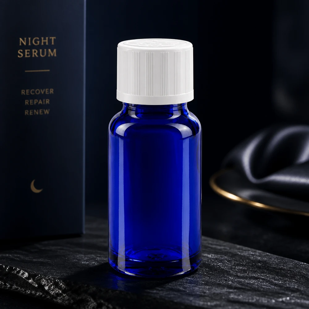 Apoteksflaska blå 10ml skruvkork vit barnsäker standard Blå 10 ml apoteksflaska med vitt barnsäkert lock till förpackningen för Night Serum