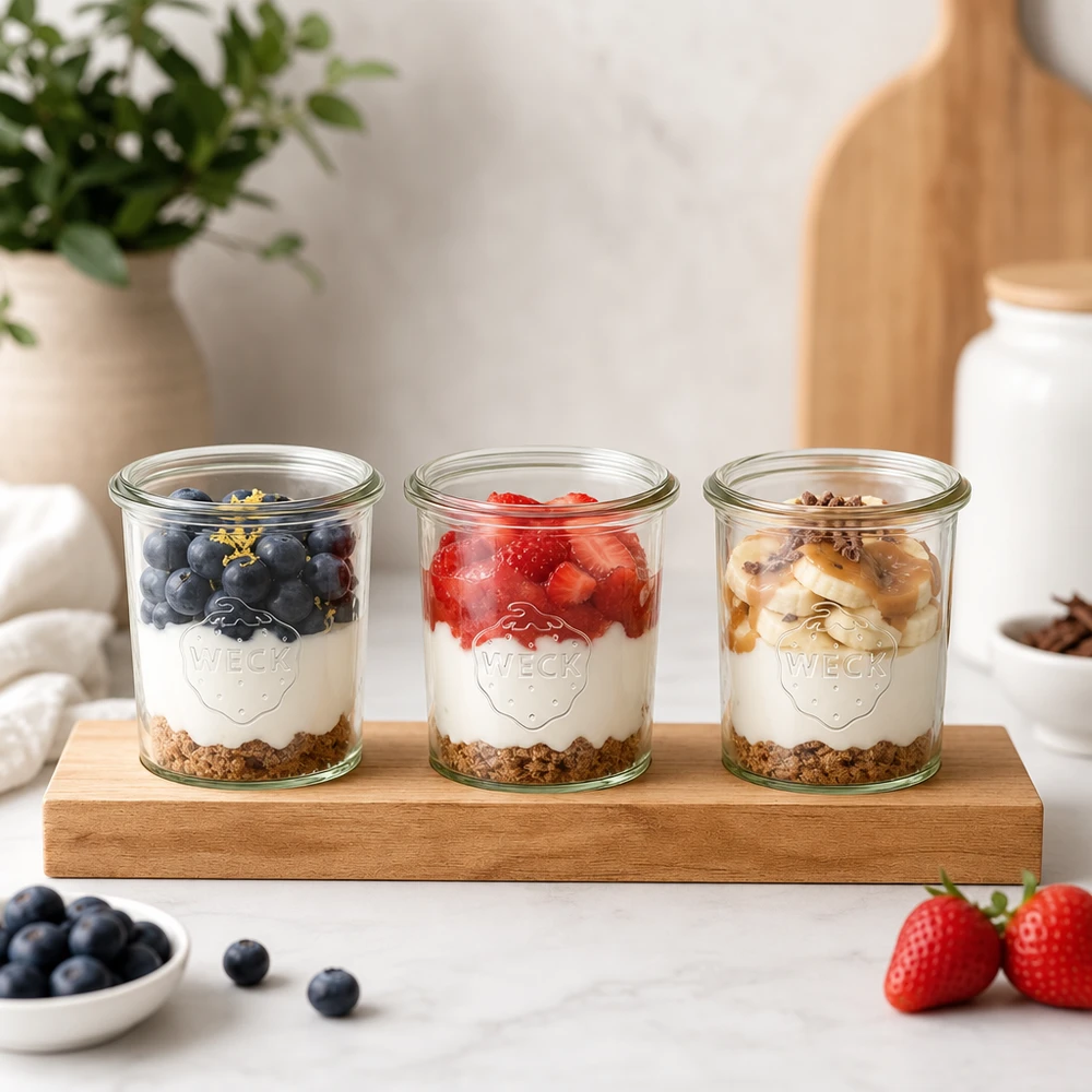 Serveringsbricka Plano3 med 3 Weck-burkar à 160 ml Plano3 serveringsbräda med Weck-burkar som yoghurtparfait med bär, granola och nötter i ett ljust kök