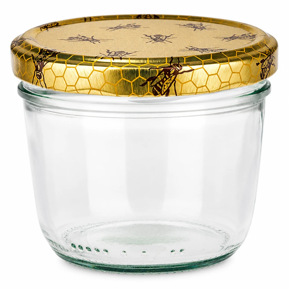 230 ml krossade glasögon + BasicSeal-lock honeycomb UNiTWIST 230 ml glasburk med gyllene BasicSeal-lock med bikakemotiv för honungsmarmelad och konserver