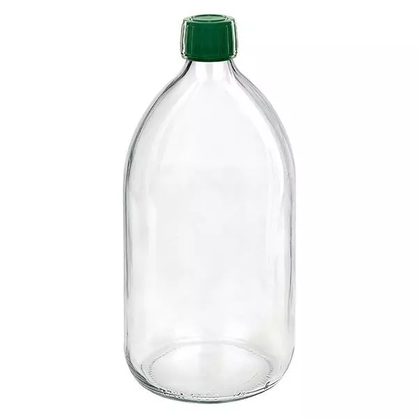 1000ml klar medicinflaska, grönt lock med säkerhetsring ApoGlas 1000ml klar medicinflaska, grönt lock med säkerhetsring ApoGlas