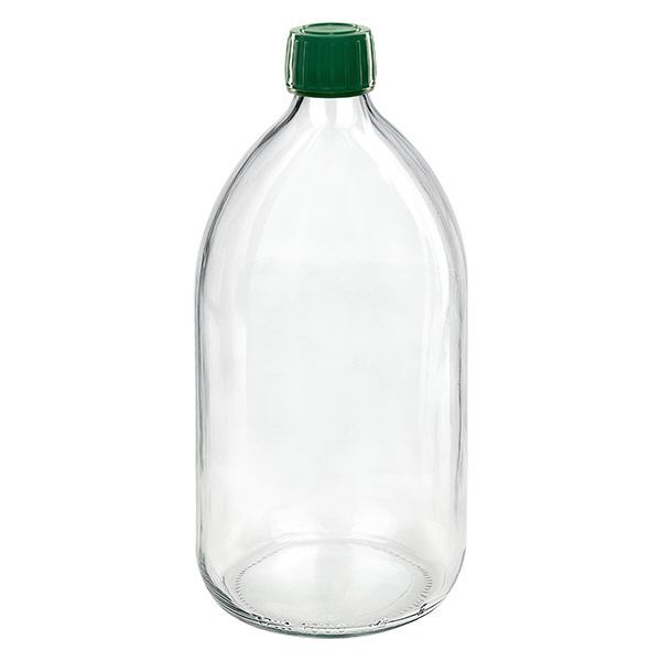 1000ml klar medicinflaska, grönt lock med säkerhetsring ApoGlas 1000ml klar medicinflaska, grönt lock med säkerhetsring ApoGlas