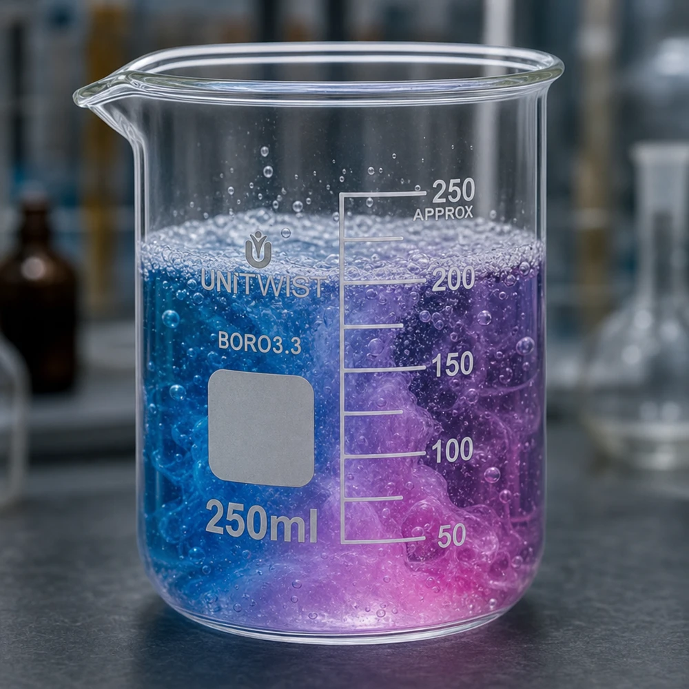 Becherglas 250 ml, låg form med blå-violett reaktion, tillverkat av värmetåligt borosilikatglas 3.3