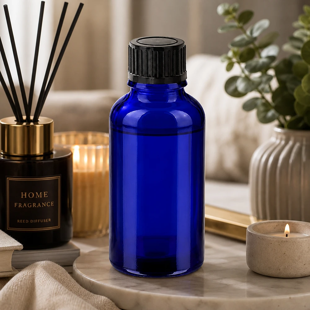 30 ml koboltblå glasflaska med 11 mm standardlock för professionell aromaterapi