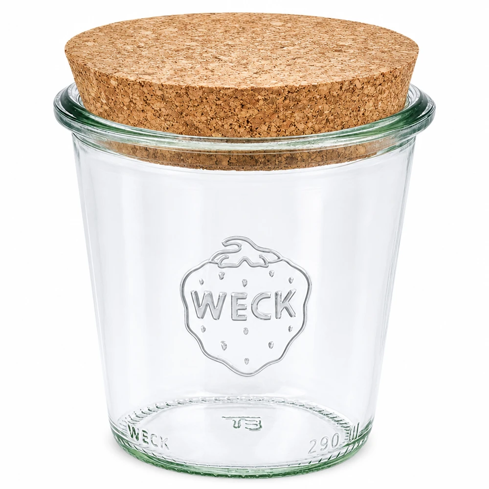 290 ml Krossade glasögon WECK RR80 med naturkork WECK tummelburk 290 ml RR80 med naturkorklock Konserveringsburk transparent för förvaring och konservering