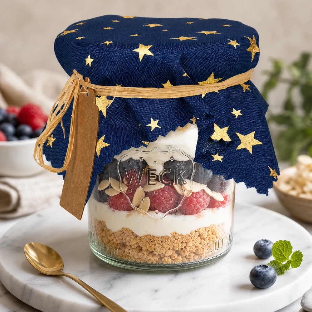 Smyckeservett blå Stjärnor kvadratisk 15 cm Blaues Sternenmuster Schmuckdeckchen auf Dessertglas mit Beeren und Sahne - dekoratives Stoffdeckchen 15cm eckig