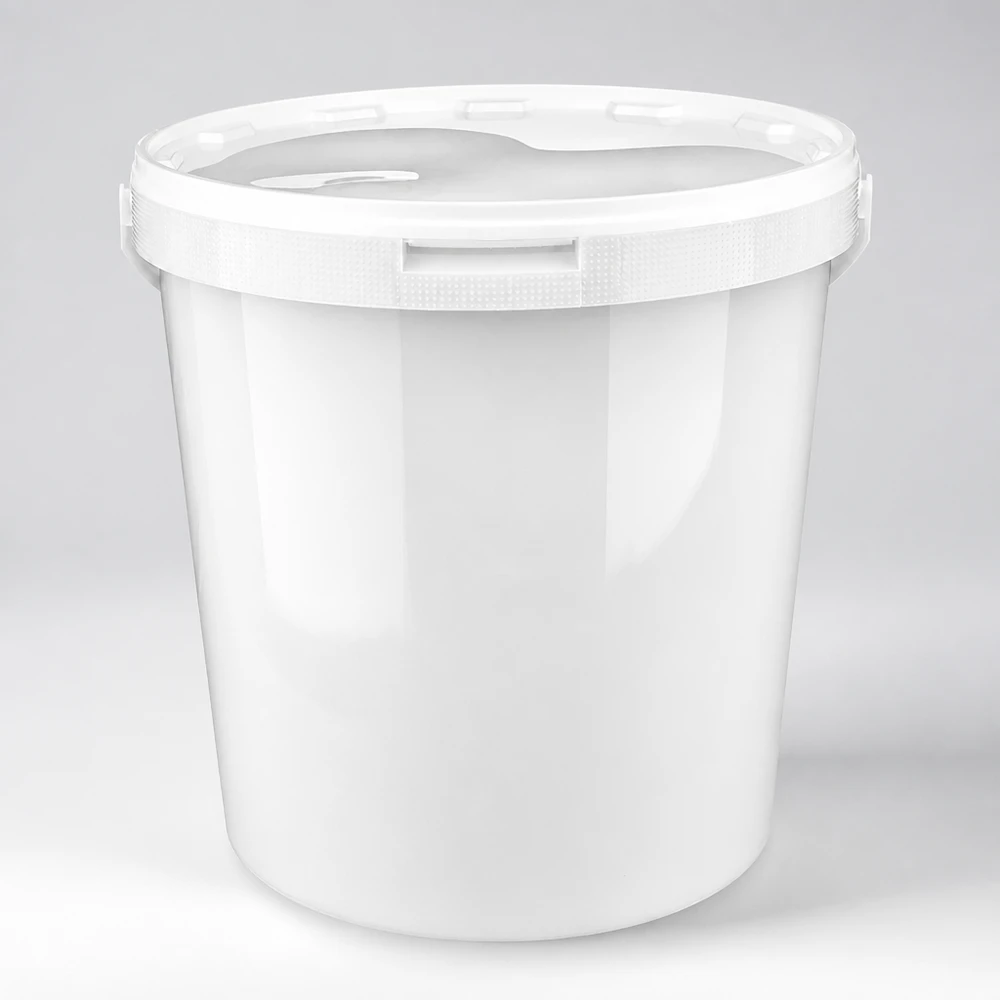 Tom vit plasthink av PP, 10,7 liter, med fällbart lock. Produktbilden är illustrativ.