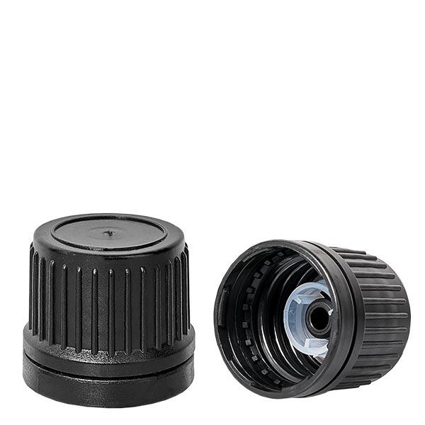 Toppskruvlock med hällring svart 18mm med sabotagesäker förslutning Toppskruvlock med hällring svart 18mm med sabotagesäker förslutning
