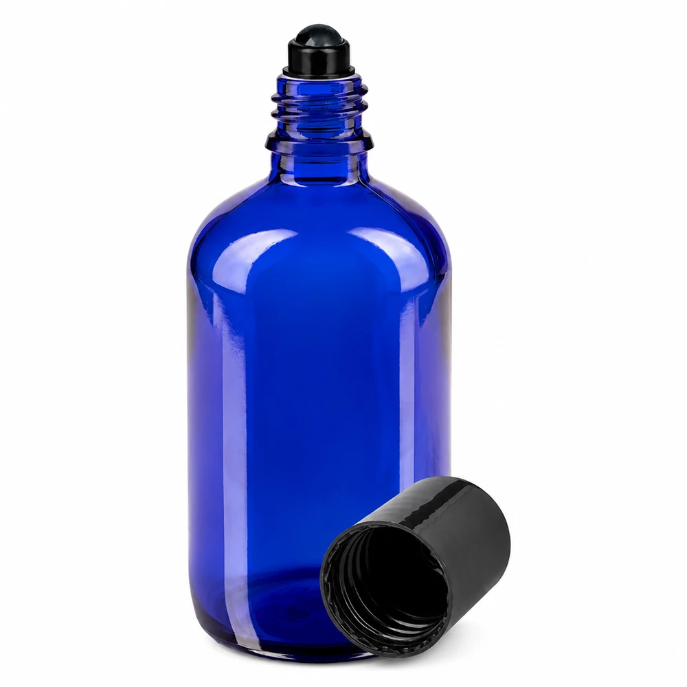 100 ml blå roll-on-flaska av apotekerglas med svart rullkulsförslutning