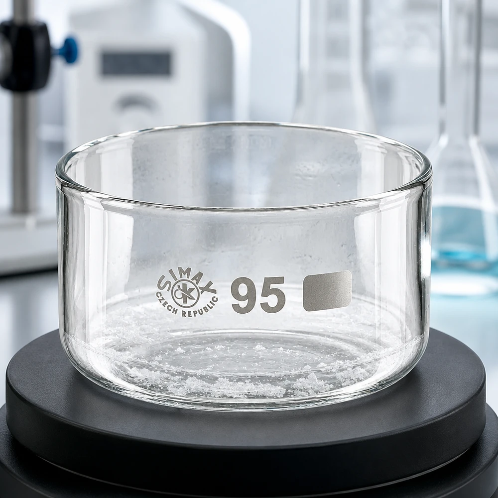 300ml kristalliseringsskål utan pip borosilikat ø95mm Tom kristalliseringsskål, 300 ml, på svart laboratorievåg, borosilikatglas Simax, 95 mm i diameter