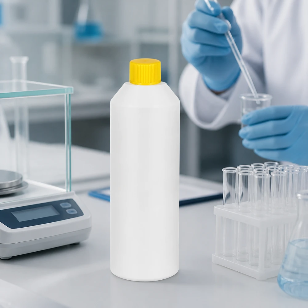 HDPE-apotekflaska, 250 ml, vit med gul säkerhetsförslutning i laboratoriet