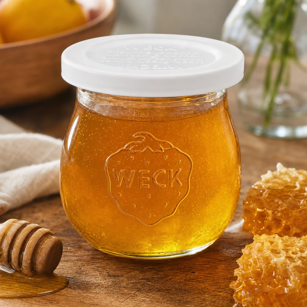 75ml tulpanburk med fräschhetslock WECK RR40 WECK Tulpenglas 75ml mit Honig befüllt neben Waben und Honiglöffel zeigt vielseitige Verwendung des RR40 Einmachglases