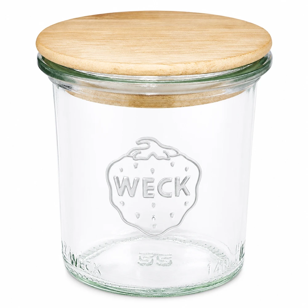 140ml WECK RR60 krossade glasögon med trälock 140 ml WECK RR60 murarburk med trälock Transparent murarburk med lock i naturligt trä för köket