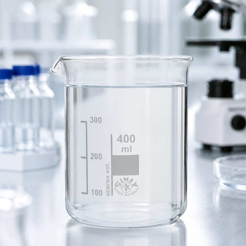 Bägare 400ml borosilikatglas, låg form Tjockväggig laboratoriebägare 400 ml tillverkad av högkvalitativt borosilikatglas för exakta mätningar